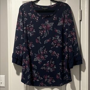 Lane Bryant Navy Floral Blouse with Ruffle Sleeves woman’s 14/16